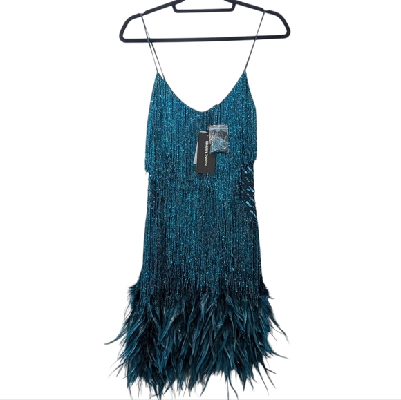 NWT Nadine Merabi Lottie Teal Blue Beaded Feather Mini Dress Sz Small/4 - Picture 4 of 16